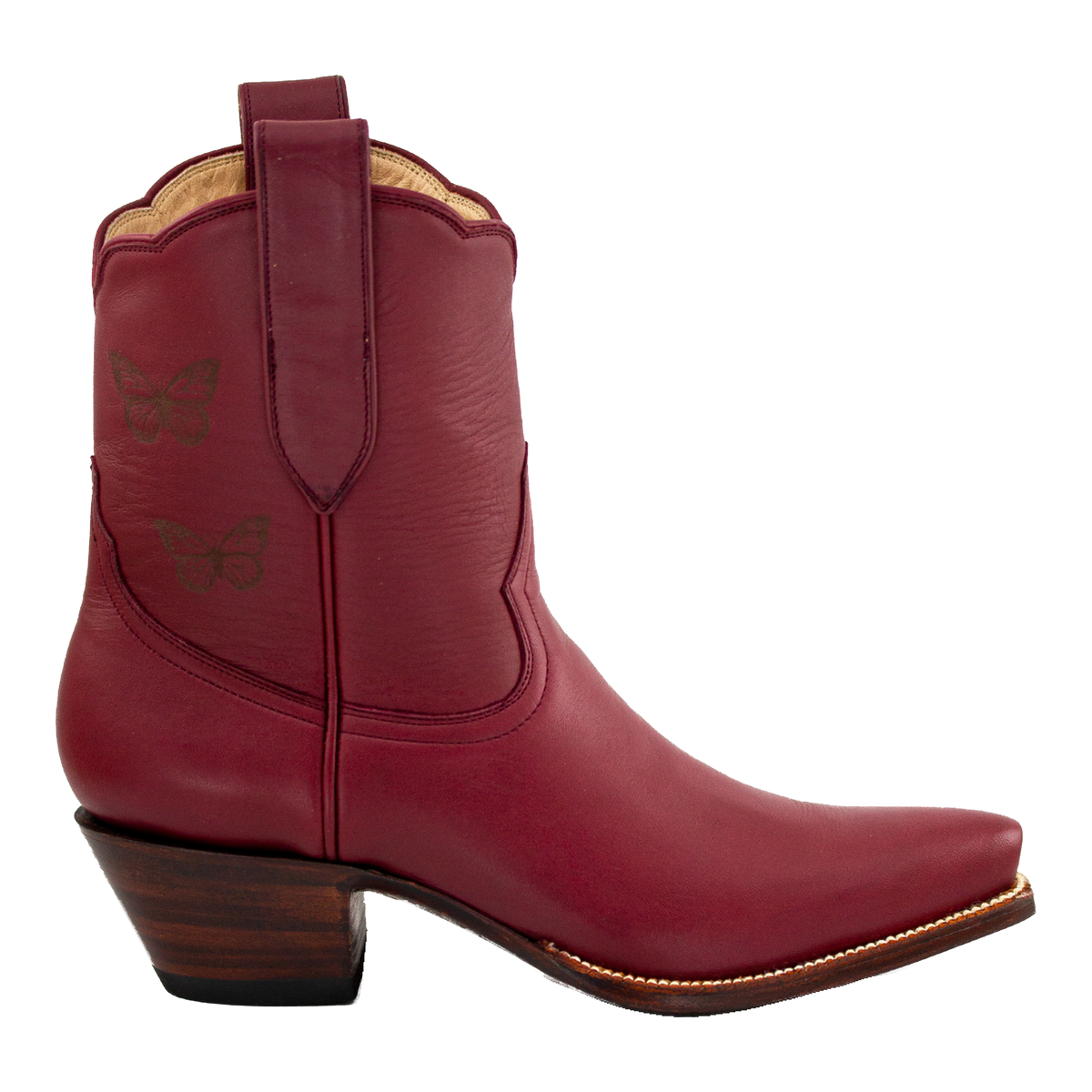 Side view of the maroon Mariposa boot with butterfly details.