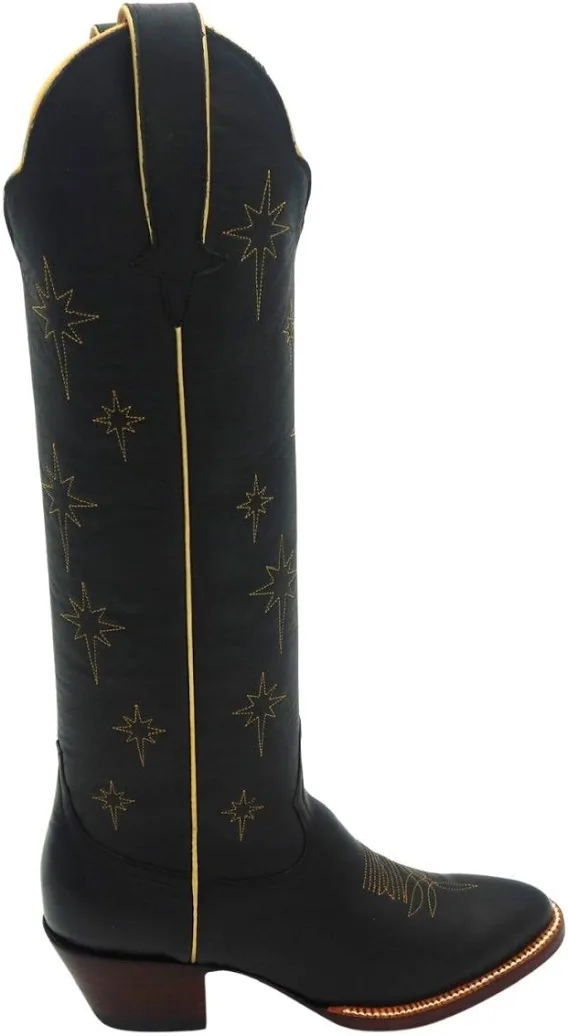 The North Star Boot in Black and Gold, original side photograph with eight-point star embroidery.