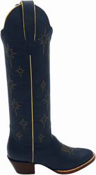 North Star Boot in Navy and Gold with dark brown heel, photo-based AI color visualization with eight-point star embroidery; navy color is approximate.