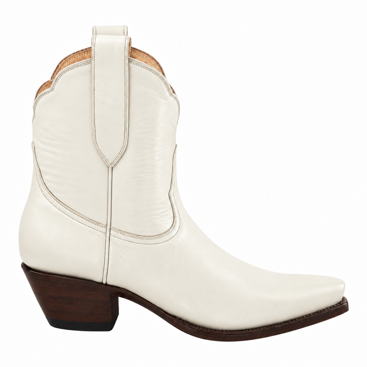 Bone Payton boot in pale neutral leather with espresso-finished heel and sole, 90-degree side view on white.