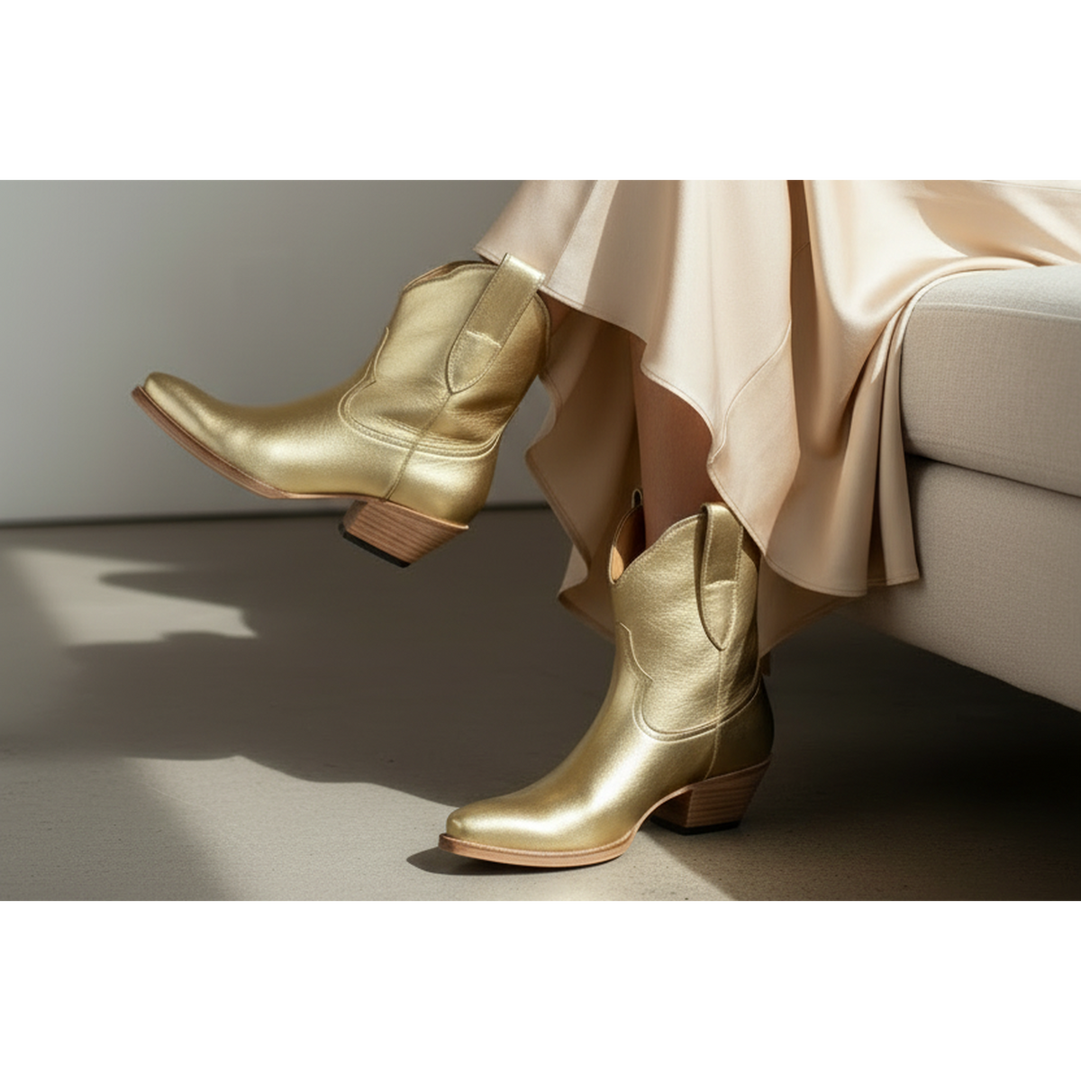 Gold Metallic Payton boots worn with a cream dress