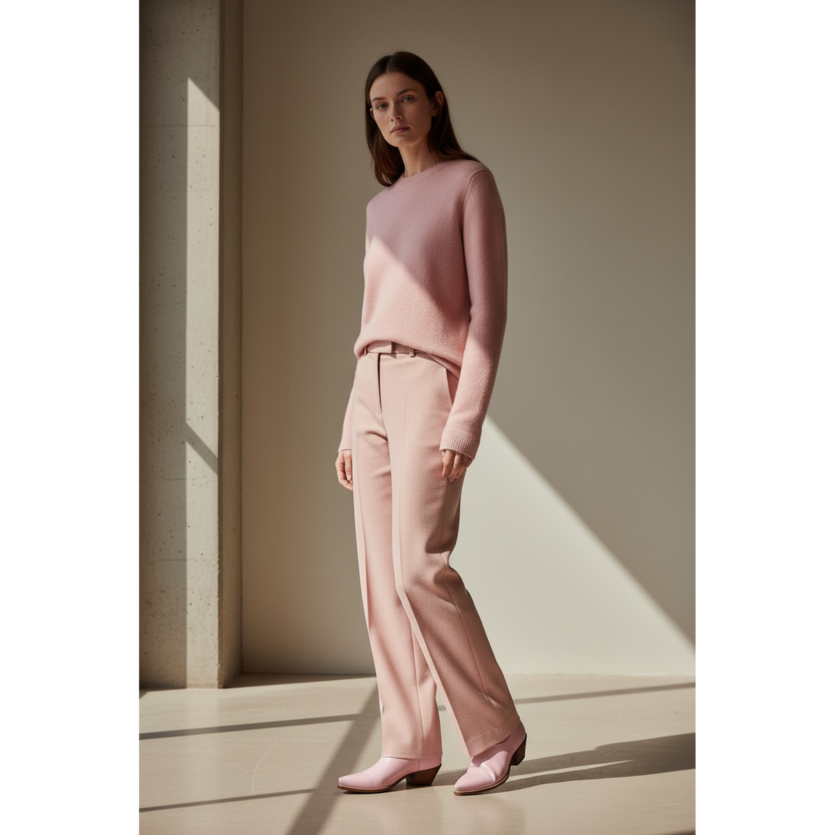 Woman styling Petal Pink Payton boots with a tonal pink sweater and trousers.