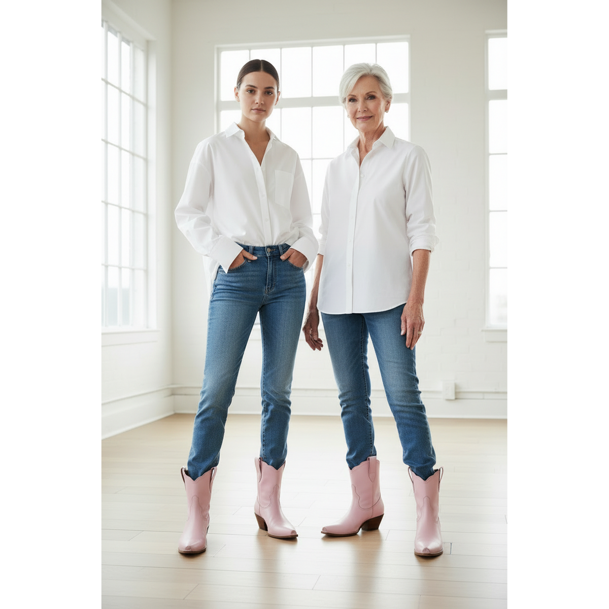 Two women wearing pale-pink boots with white shirts and blue jeans.
