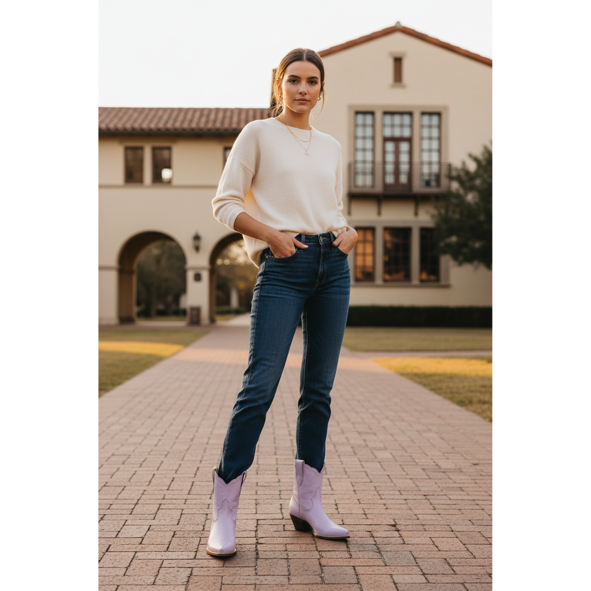 Woman wearing lavender boots, jeans and a white top on a brick courtyard path.