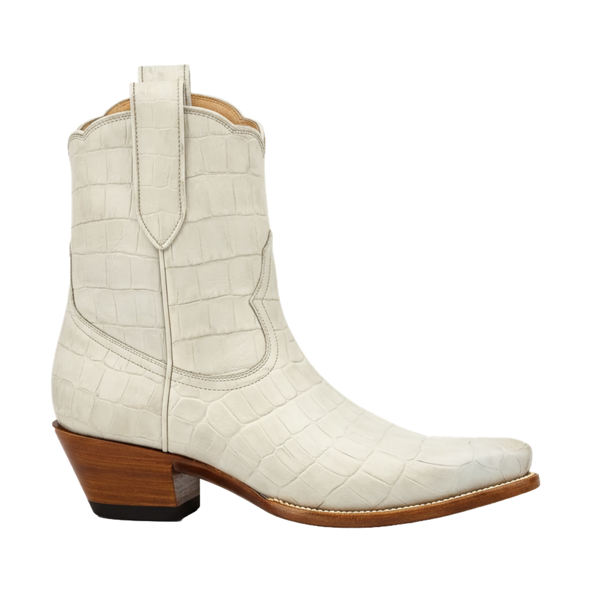 Putty Alligator Payton boot, side view on a transparent background.