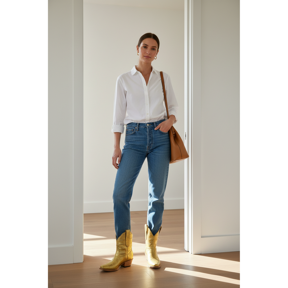 Woman wearing a white shirt, blue jeans, and yellow boots in a room with wooden flooring.