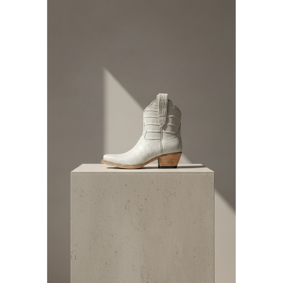 The Payton Boot — Putty Alligator — Side profile showing architectural silhouette and stacked leather heel