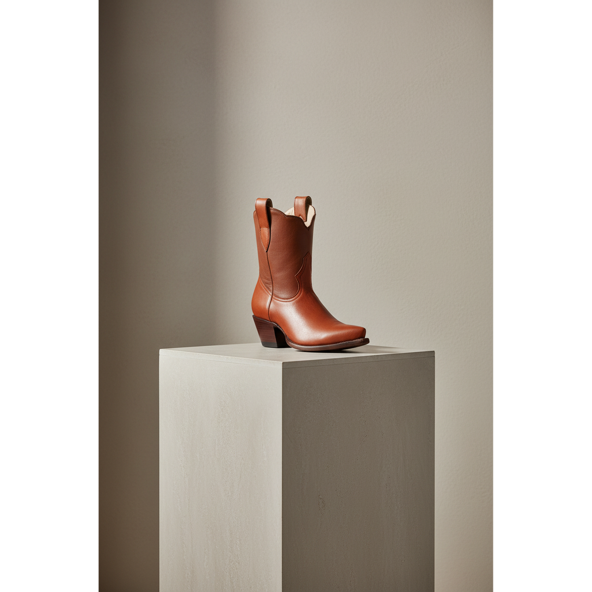 The Payton Boot — Two-Tone Chestnut — Side profile showing architectural silhouette and stacked leather heel
