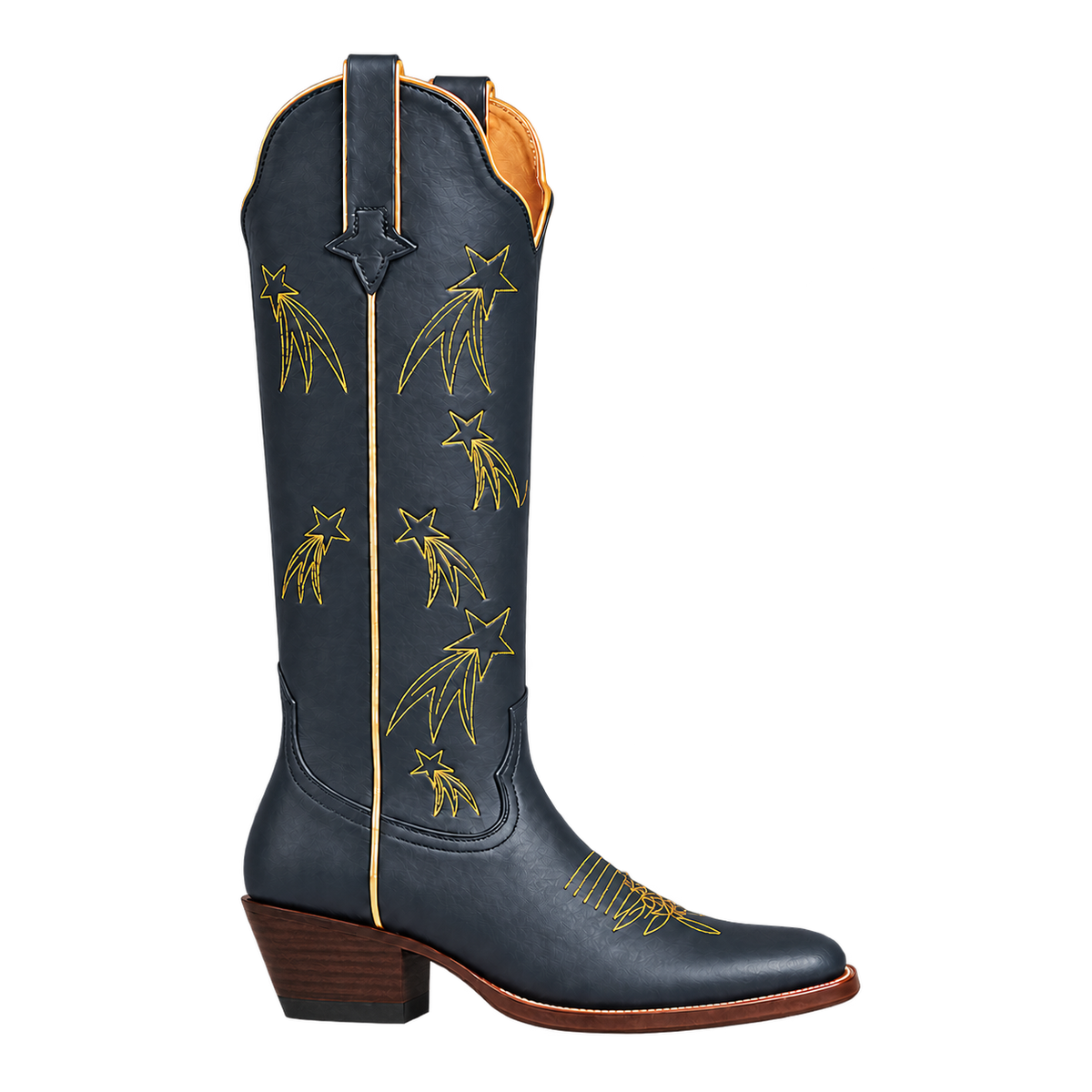 Shooting Star Boot in Navy and Gold with dark brown heel — AI-generated color visualization based on the existing design; navy color is approximate.