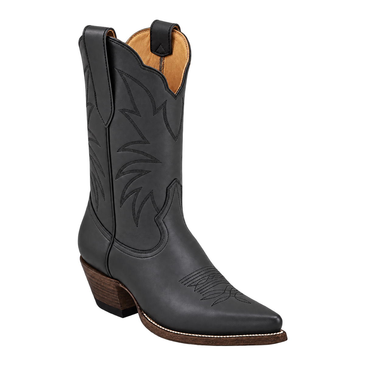 Taylor Midi Boot in Black, three-quarter product render with espresso heel and sole edge
