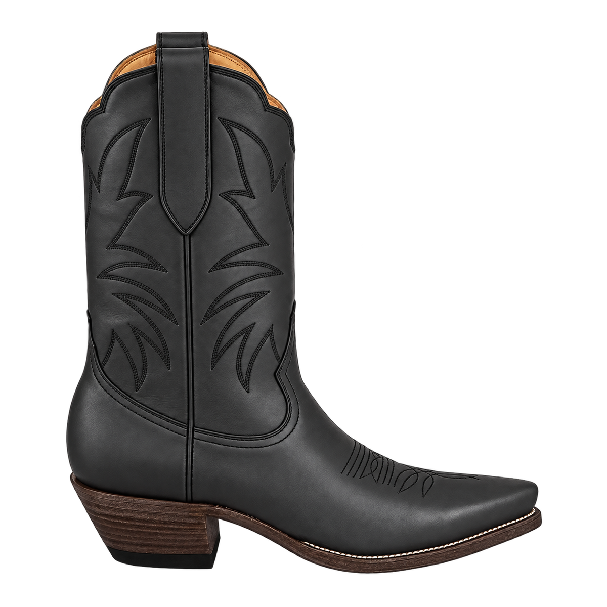 Taylor Midi Boot in Black, side-view product render with espresso heel and sole edge