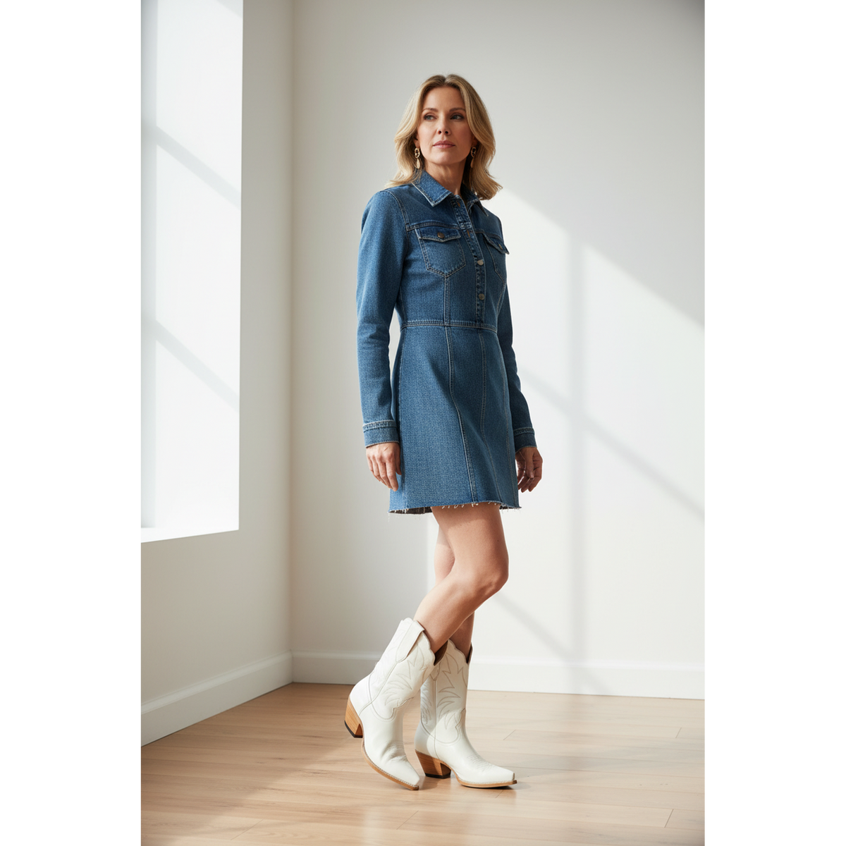 Woman wearing white midi boots with a dark denim dress by a window.