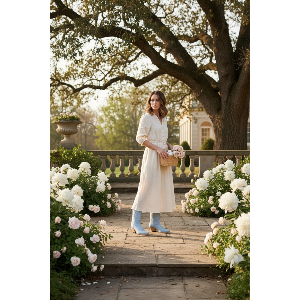 Woman wearing pale-blue boots and a white dress on a garden terrace.