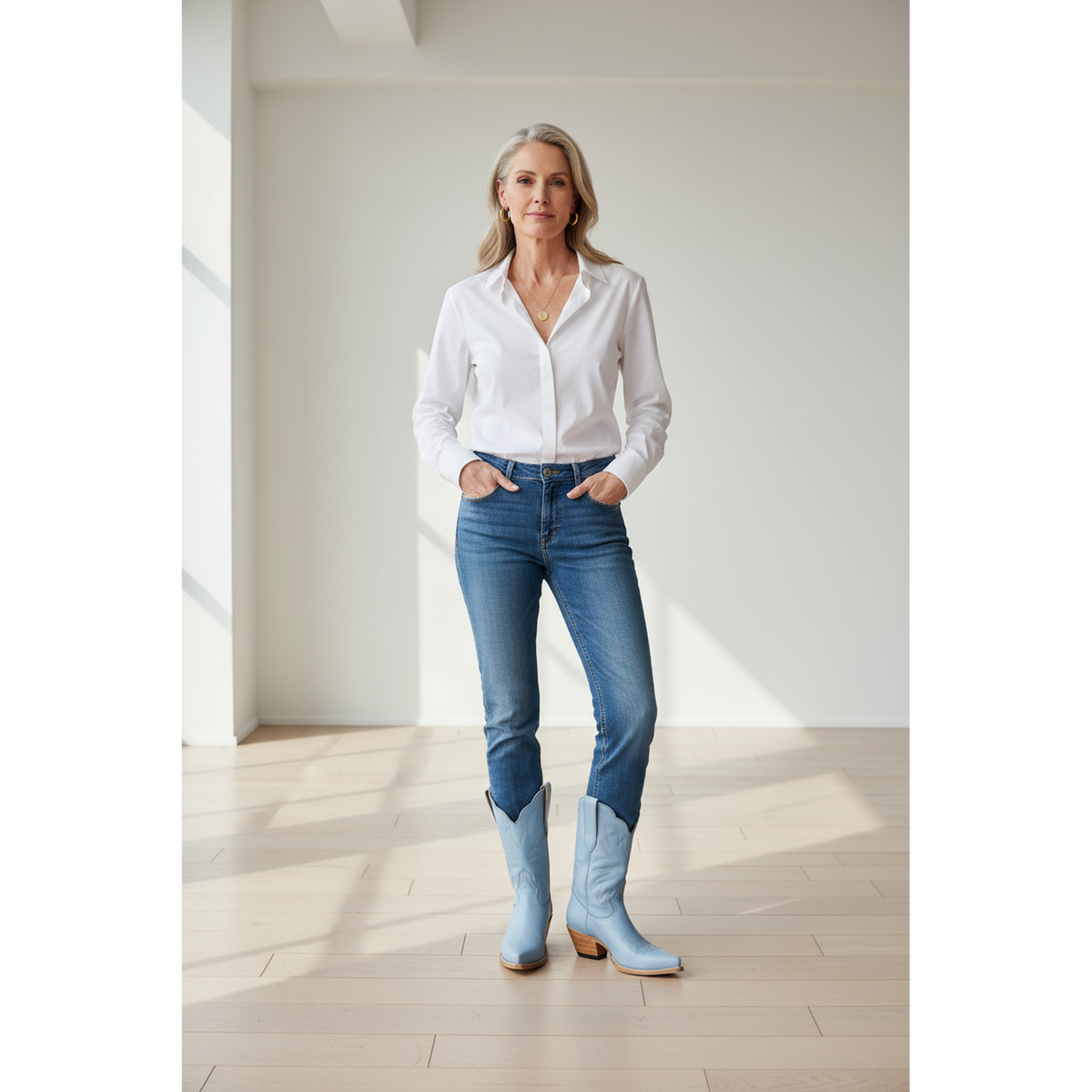 Woman wearing pale-blue boots with a white shirt and blue jeans.