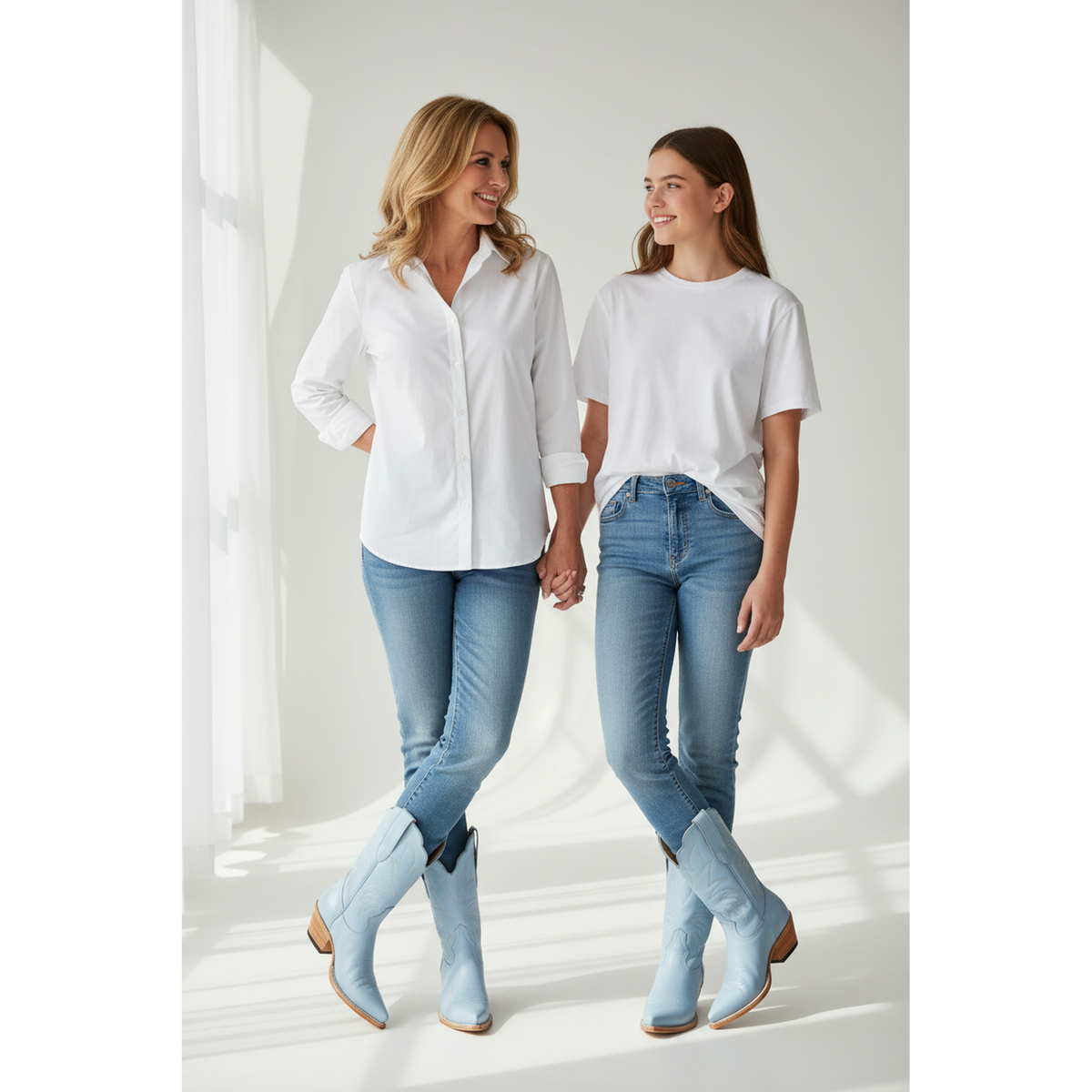 Two women wearing pale-blue boots with white tops and jeans beside a window.
