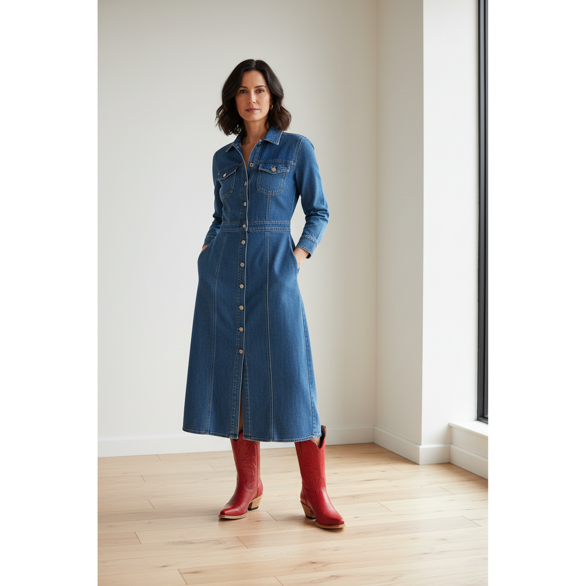 Woman in a blue denim dress wearing red boots