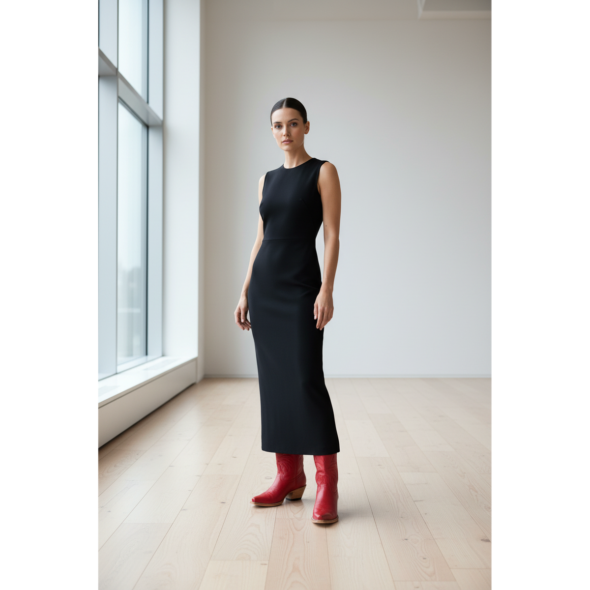 Woman in a black dress wearing red boots beside tall windows