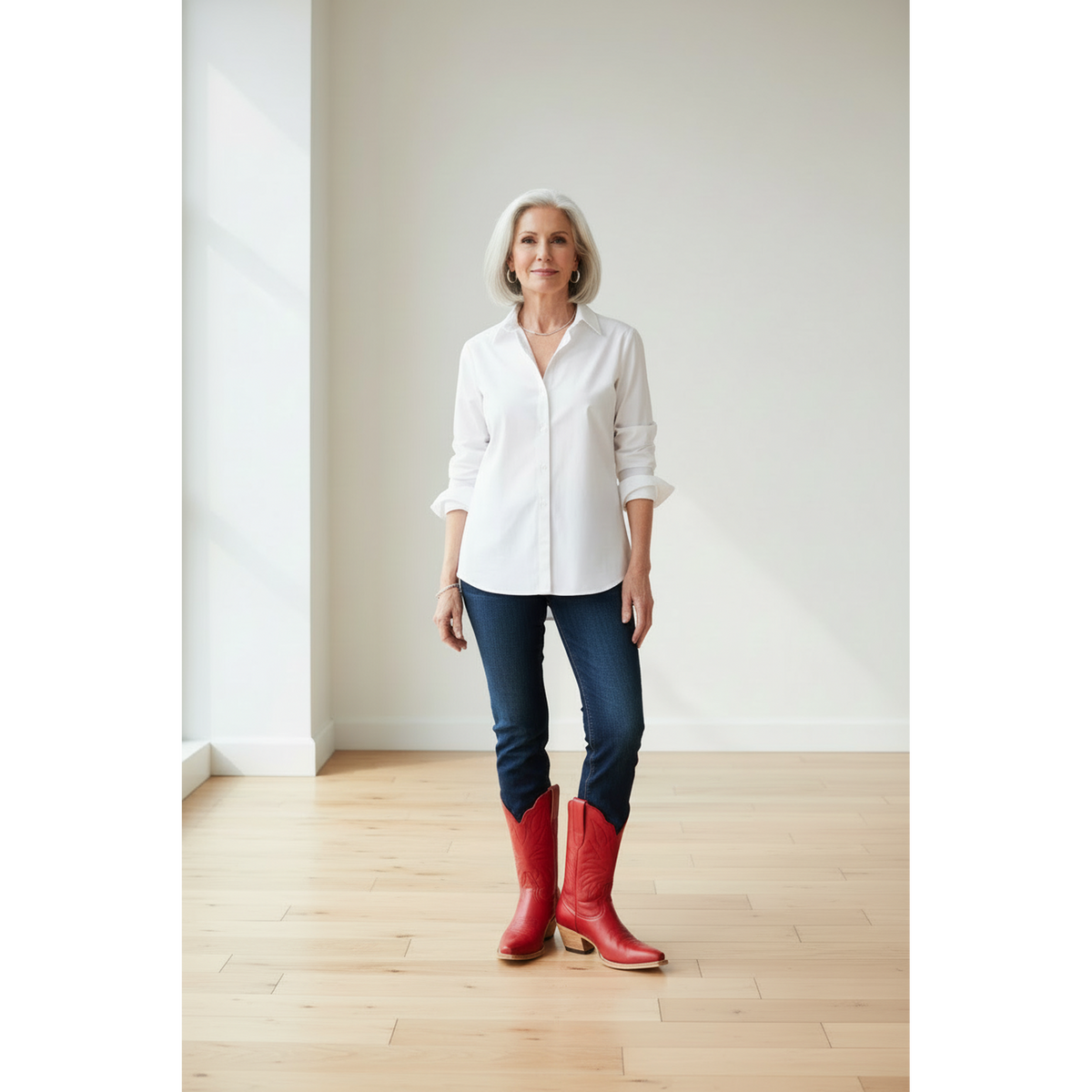 Woman in a white shirt and jeans wearing red boots