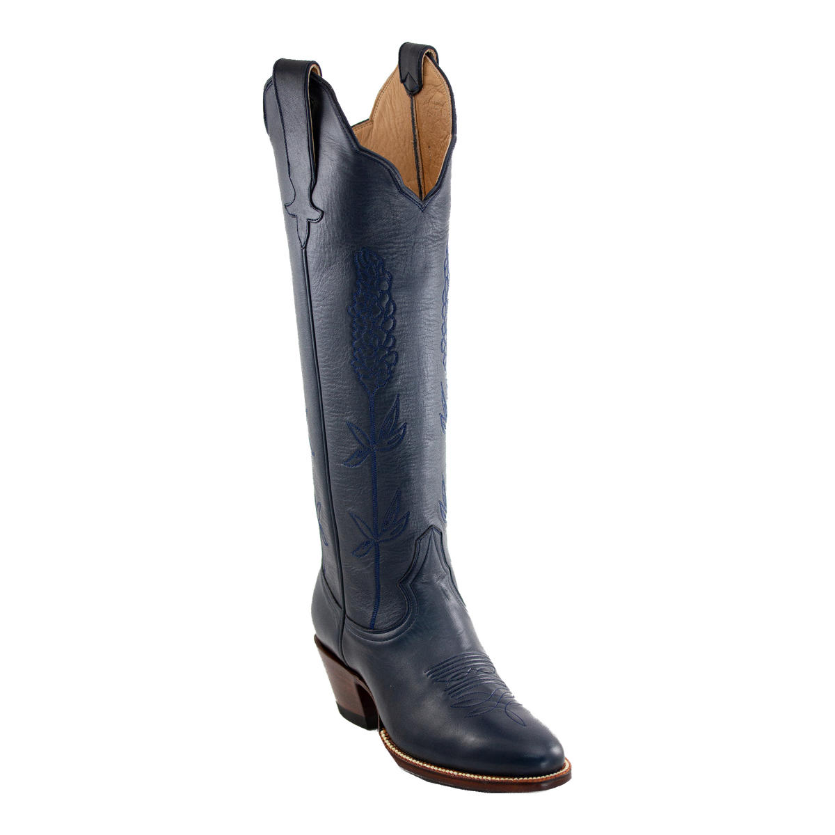 Navy Bluebonnet tall western boot, front three-quarter view