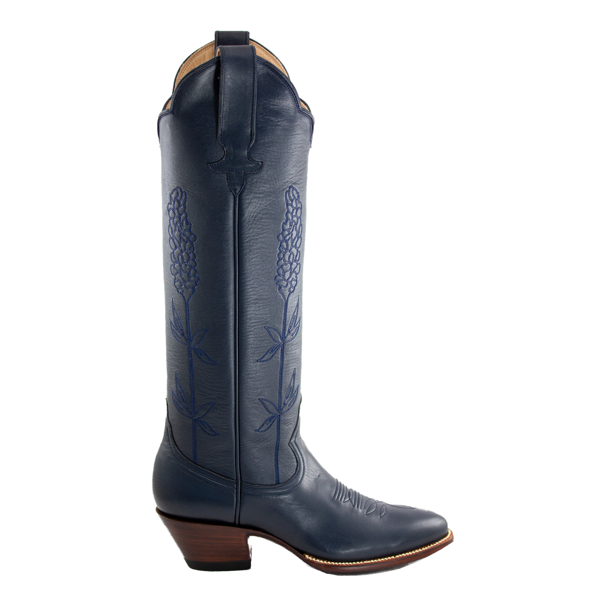 Navy Bluebonnet tall western boot, 90-degree side profile view
