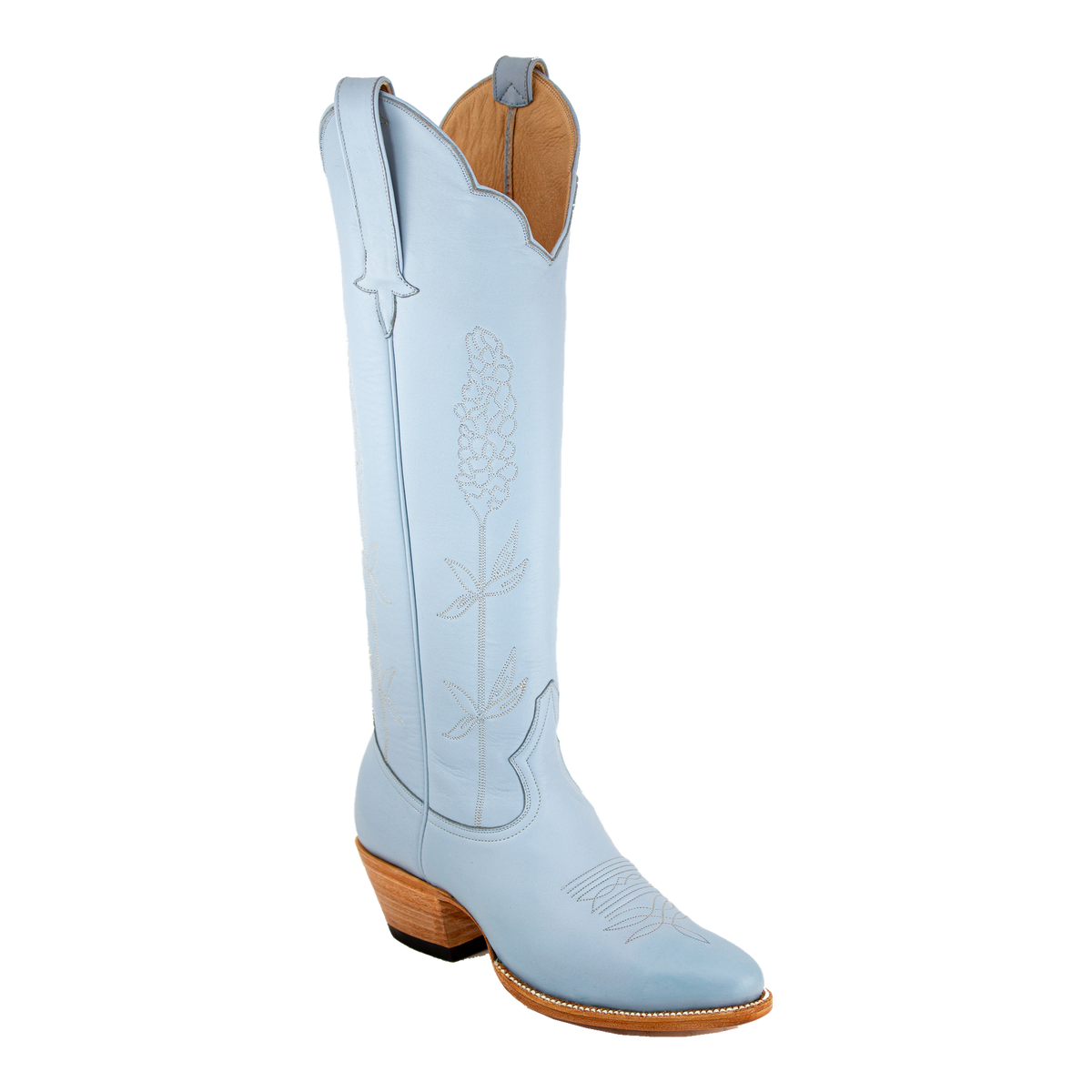 Powder Blue Bluebonnet tall western boot, front three-quarter view