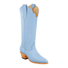 Powder Blue Georgia Tall boot, approved 45-degree front three-quarter-view render on transparent background