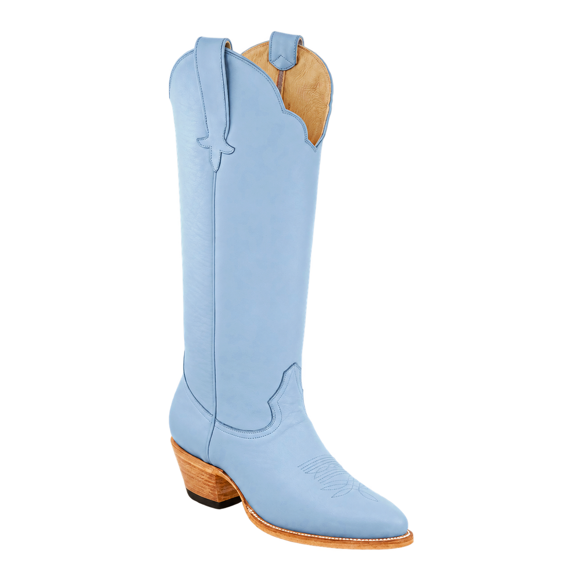 Powder Blue Georgia Tall boot, approved 45-degree front three-quarter-view render on transparent background