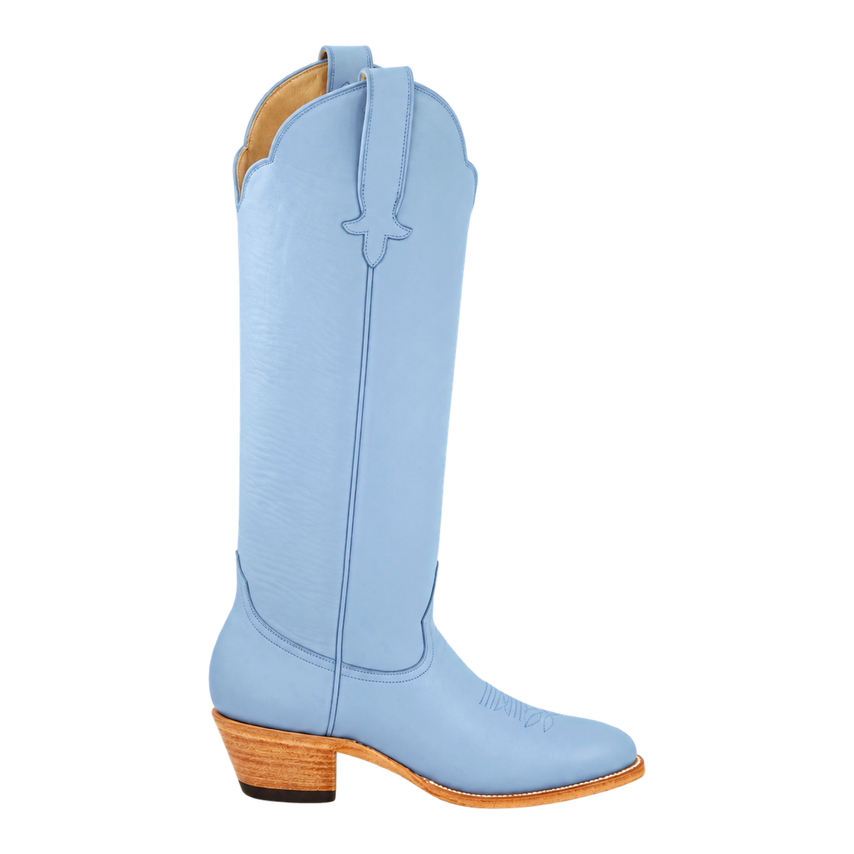Powder Blue Georgia Tall boot, approved 90-degree side-view render on transparent background