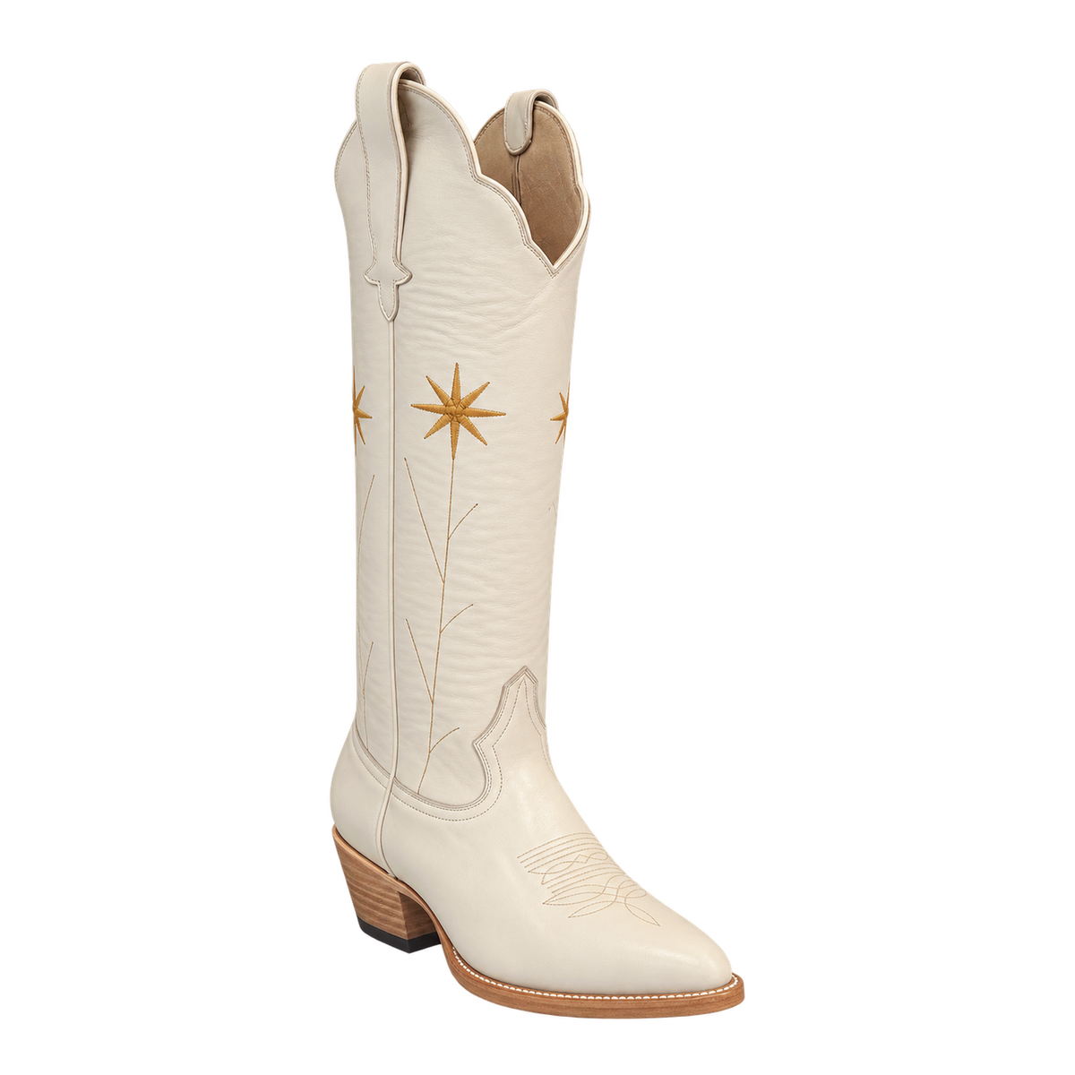 Gold Flower Bone boot, right-facing 45-degree view. Owner-approved render.