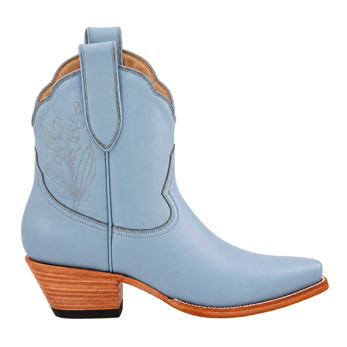 Lily of the Valley Powder Blue boot, 90-degree side view. Owner-approved render with soft powder-blue color.