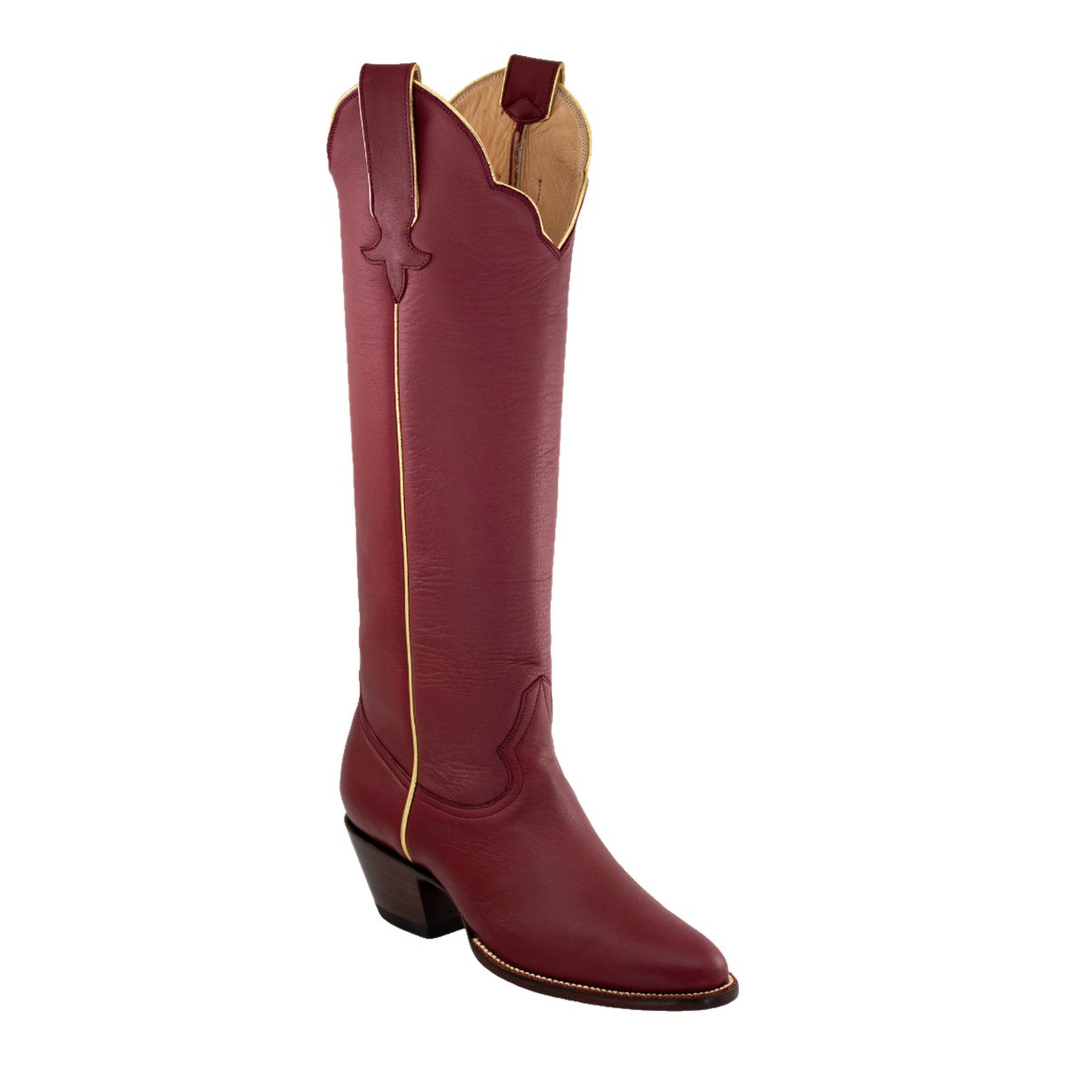 Maroon and Gold McCall boot with gold piping and star-shaped pull detail, shown in three-quarter view.
