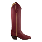 Side view of the Maroon and Gold McCall boot with gold piping and a dark stacked heel.