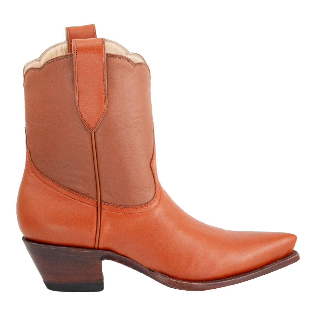 Two-tone Payton boot in chestnut and cognac, side profile.