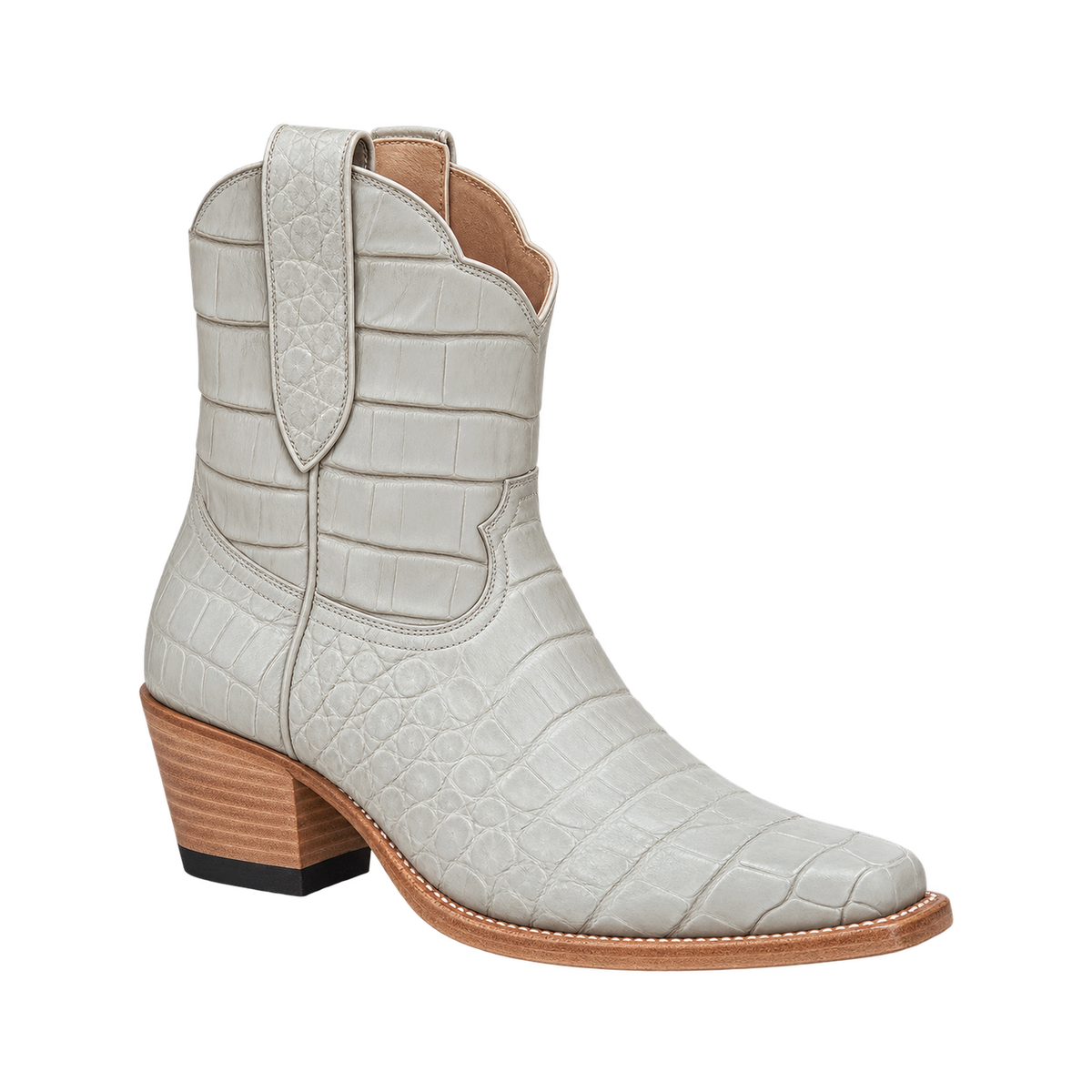 The Payton Boot in Putty Alligator, 45-degree three-quarter studio rendering.