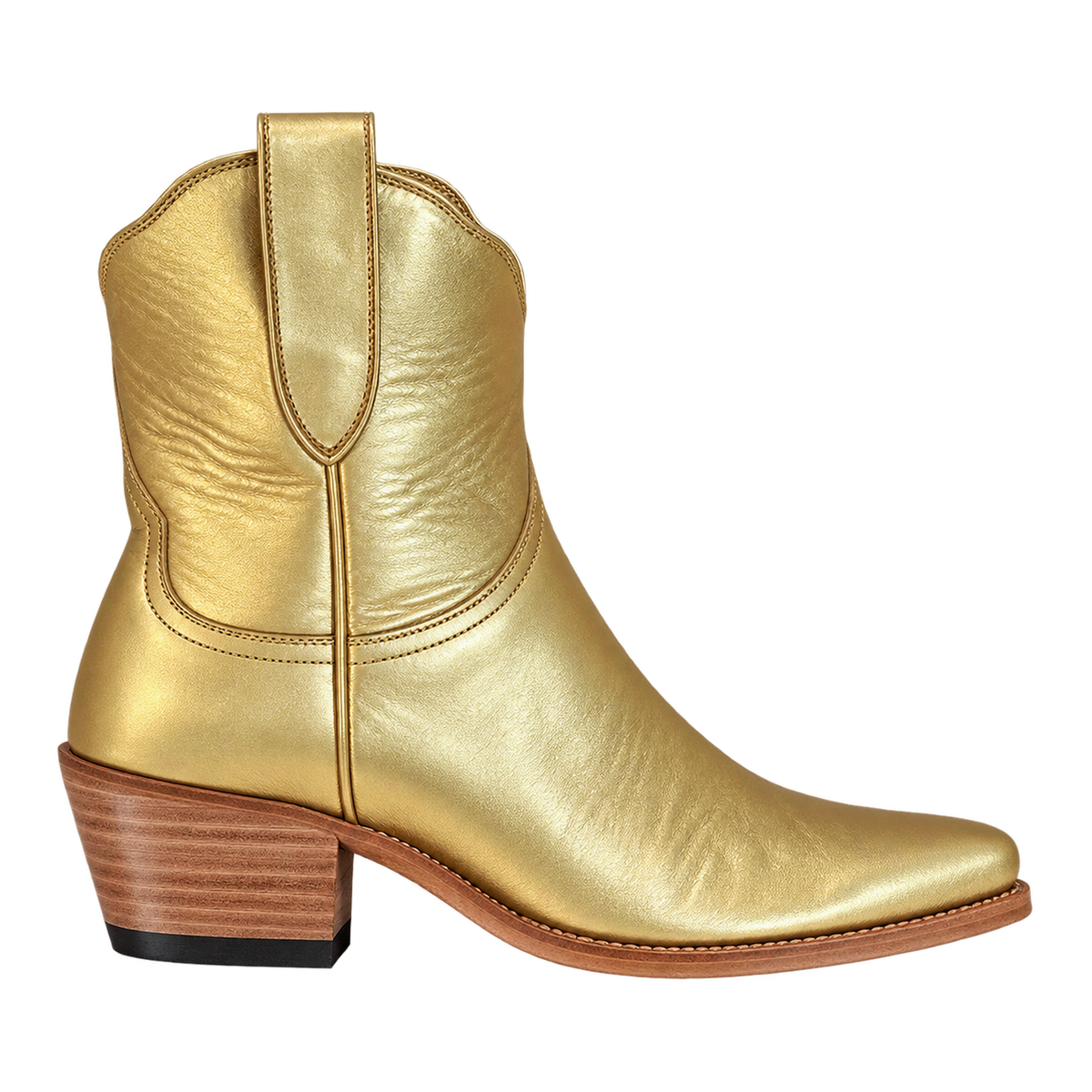 Gold Metallic Payton boot, 90-degree studio view. Owner-approved render.