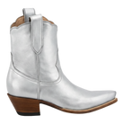 Silver cowboy boot with brown heel and sole on a white background