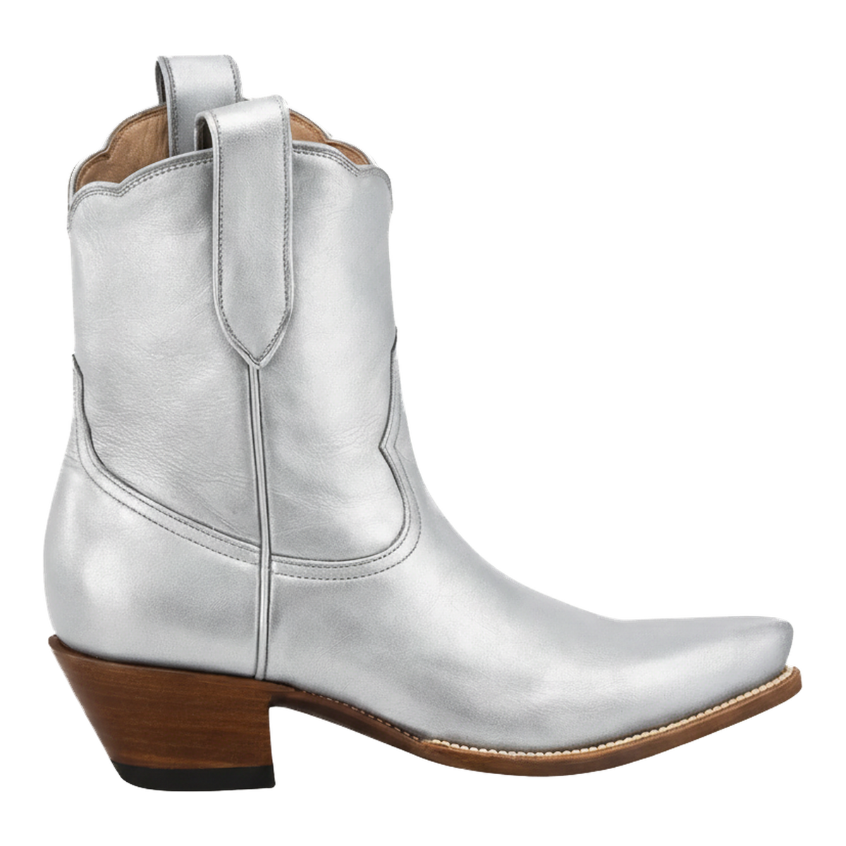 Silver cowboy boot with brown heel and sole on a white background