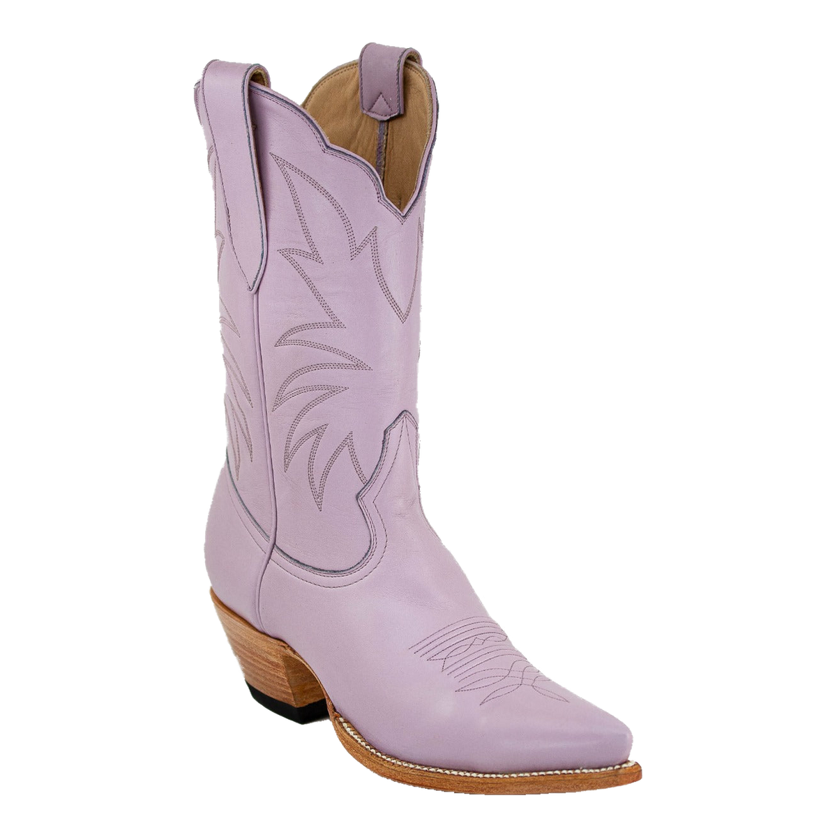 Heirloom Field Taylor Midi boot in Lavender, original three-quarter studio photograph showing western stitching, toe and stacked leather heel.