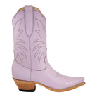 Heirloom Field Taylor Midi boot in Lavender, original side studio photograph showing western stitching, toe and stacked leather heel.