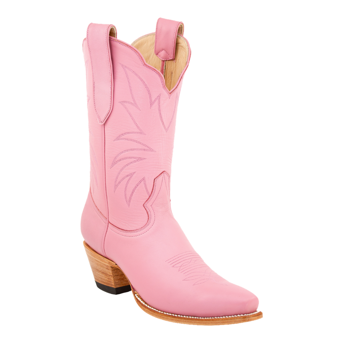 Petal Pink Taylor Midi Boot, front three-quarter view showing the toe, shaft stitching and pull straps.