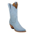 Heirloom Field Taylor Midi boot in Powder Blue, original three-quarter studio photograph showing western stitching, toe and stacked leather heel.