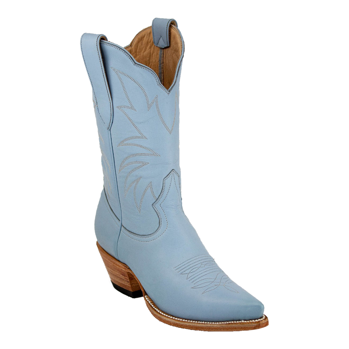 Heirloom Field Taylor Midi boot in Powder Blue, original three-quarter studio photograph showing western stitching, toe and stacked leather heel.