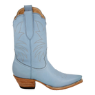 Heirloom Field Taylor Midi boot in Powder Blue, original side studio photograph showing western stitching, toe and stacked leather heel.