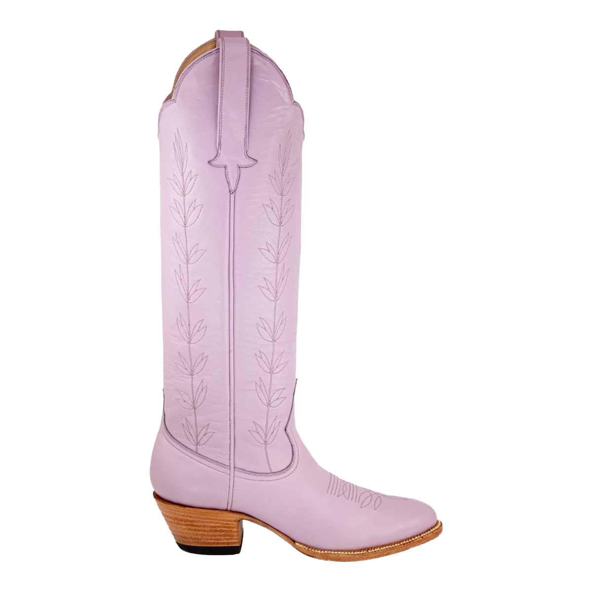 Lavender Vine boot, side view with vine embroidery and a stacked heel.