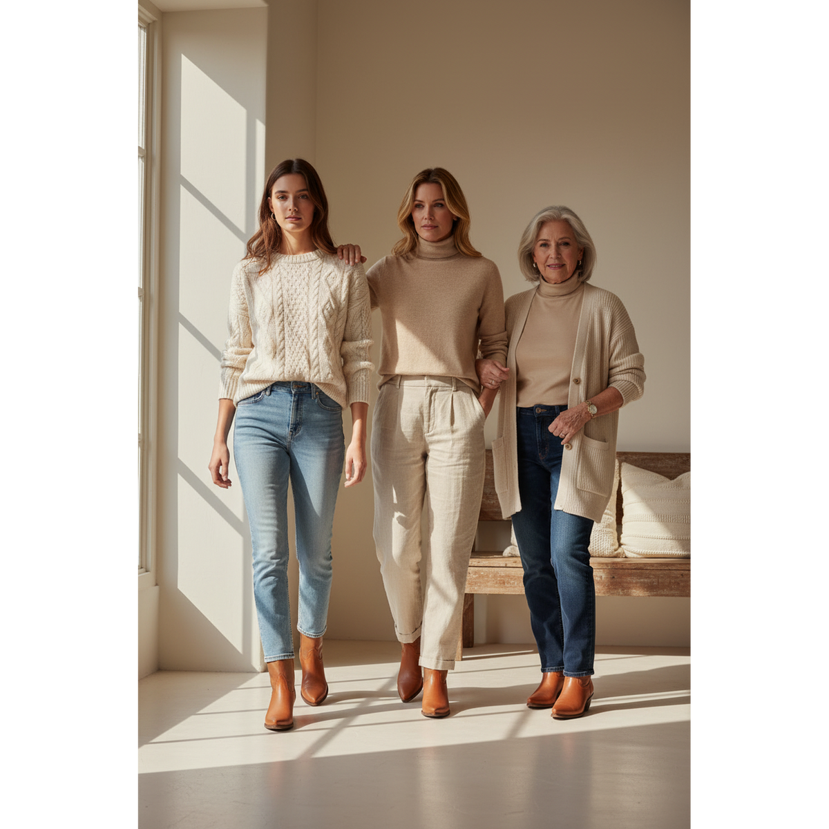Three women in neutral outfits wearing brown boots.