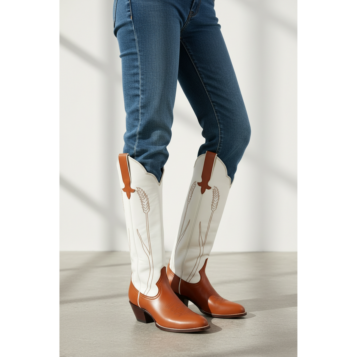 Chestnut and Bone Wheat boots worn with blue jeans